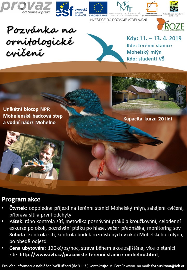 Ornitologické cvičení na Mohelském mlýně pro studenty VŠ 11. -13. 4. 2019